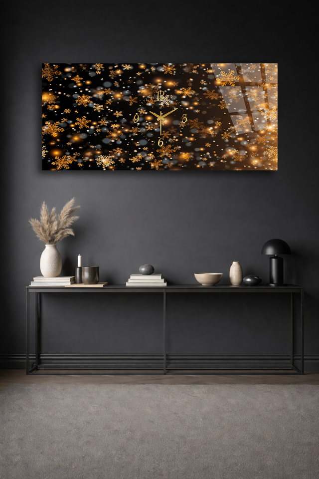 KIRILMAZ CAM DUVAR SAATİ , HEM TABLO HEM SAAT ALTIN KAR TANESİ SİYAH ZEMİN LÜKS EV OFİS HEDİYESİ