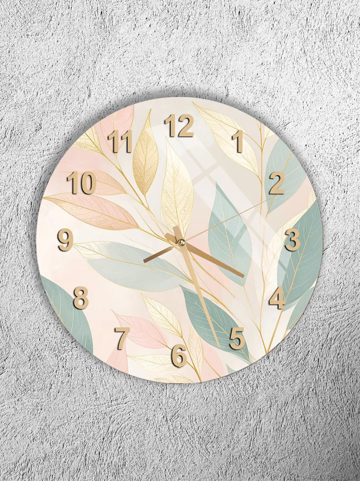 KIRILMAZ CAM DUVAR SAATİ, HEM TABLO HEM SAAT PASTEL YAPRAK DESEN ZARİF EV OFİS HEDİYESİ