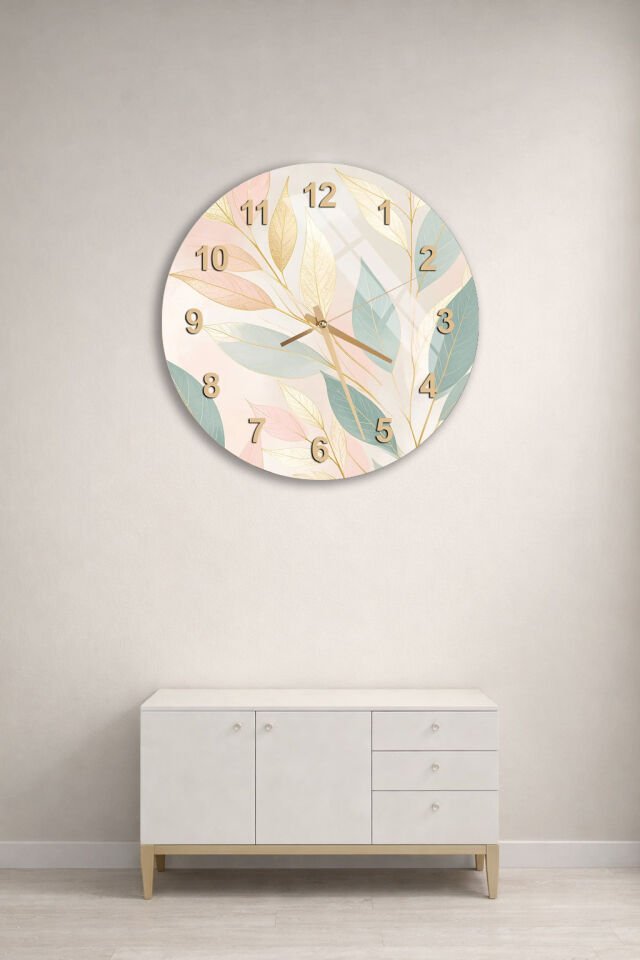 KIRILMAZ CAM DUVAR SAATİ, HEM TABLO HEM SAAT PASTEL YAPRAK DESEN ZARİF EV OFİS HEDİYESİ