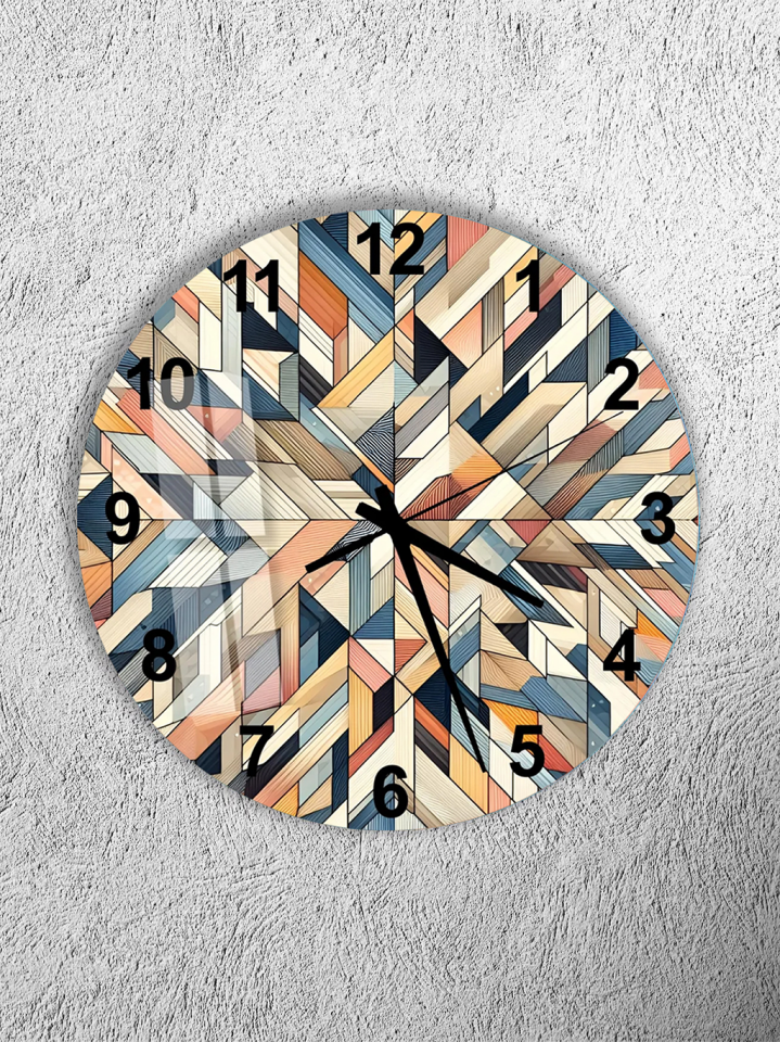 KIRILMAZ CAM DUVAR SAATİ, HEM TABLO HEM SAAT MODERN AHŞAP GEOMETRİK DESEN EV OFİS HEDİYESİ