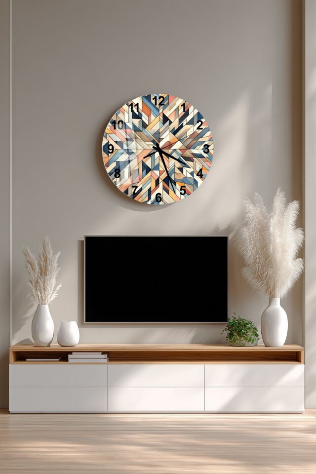 KIRILMAZ CAM DUVAR SAATİ, HEM TABLO HEM SAAT MODERN AHŞAP GEOMETRİK DESEN EV OFİS HEDİYESİ
