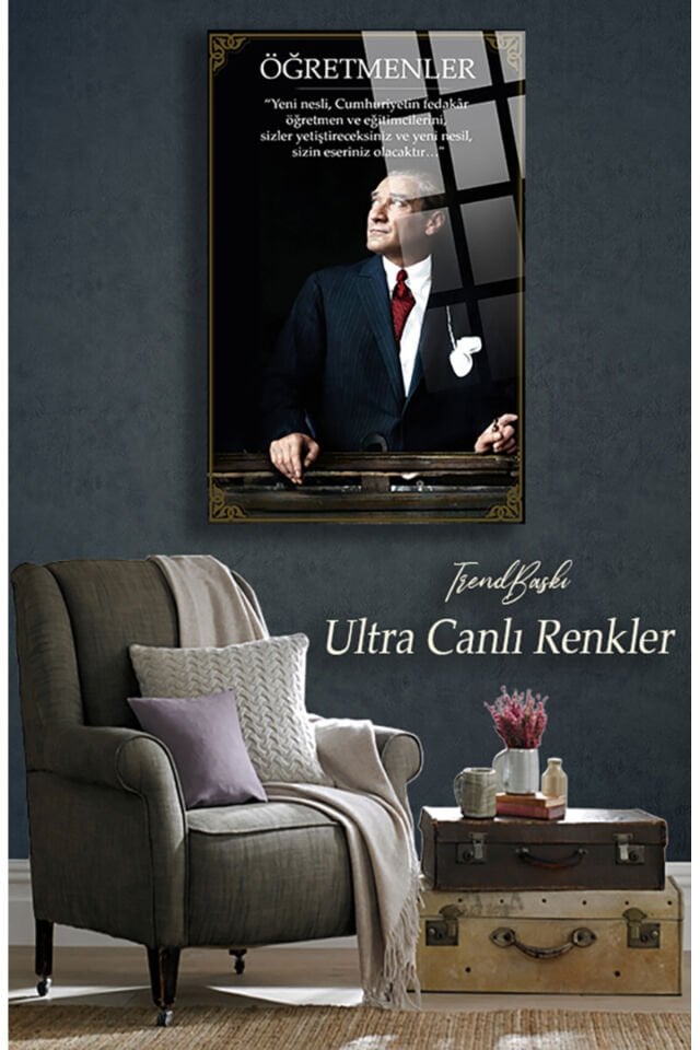 Öğretmenler Gününe Özel Atatürk Kırılmaz 4mm Cam Tablo Yüksek Çözünürlüklü Lüks Tablo siyah