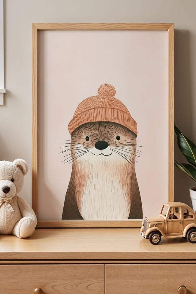 DOĞAL AHŞAP - Sevimli Su Samuru Çocuk ve Bebek Odası Ahşap Çerçeveli Duvar Tablosu