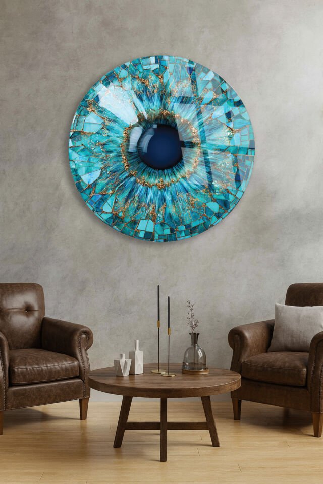 TURKUAZ MOZAIK GÖZ TASARIMI MODERN DEKOR KIRILMAZ CAM TABLO Turkuaz