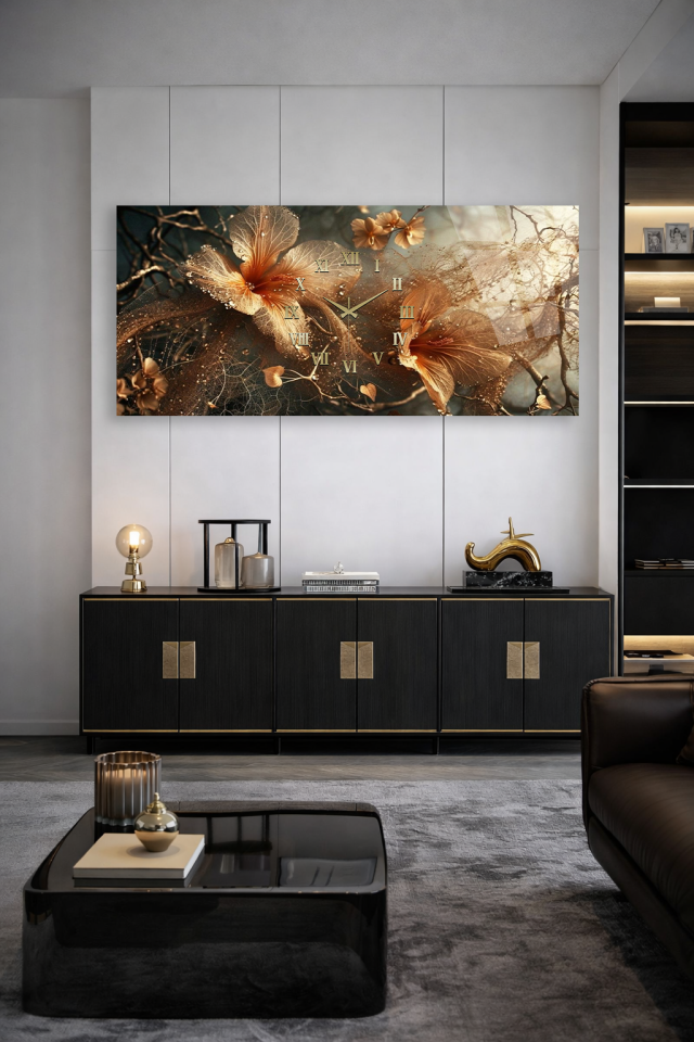 KIRILMAZ CAM DUVAR SAATİ , HEM TABLO HEM SAAT ALTIN TON ÇİÇEK DESENLİ ŞIK TASARIM EV OFİS HEDİYESİ