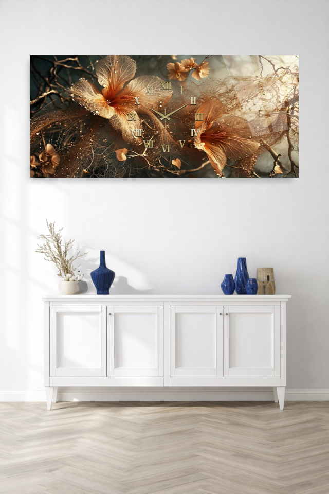 KIRILMAZ CAM DUVAR SAATİ , HEM TABLO HEM SAAT ALTIN TON ÇİÇEK DESENLİ ŞIK TASARIM EV OFİS HEDİYESİ