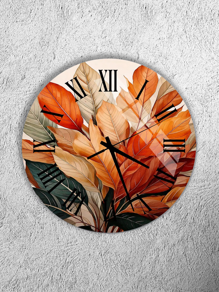 KIRILMAZ CAM DUVAR SAATİ, HEM TABLO HEM SAAT TURUNCU YAPRAK DESEN SONBAHAR TEMALI EV OFİS HEDİYESİ