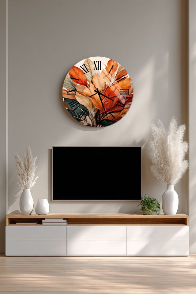 KIRILMAZ CAM DUVAR SAATİ, HEM TABLO HEM SAAT TURUNCU YAPRAK DESEN SONBAHAR TEMALI EV OFİS HEDİYESİ