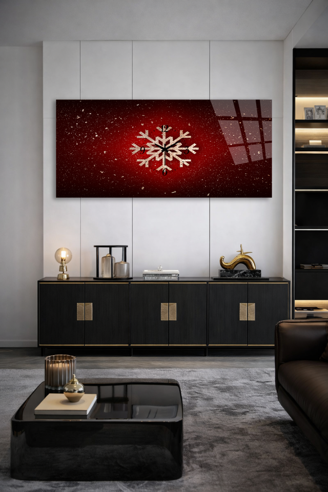 KIRILMAZ CAM DUVAR SAATİ , HEM TABLO HEM SAAT KIRMIZI KAR TANESİ KIŞ TEMASI EV OFİS HEDİYESİ