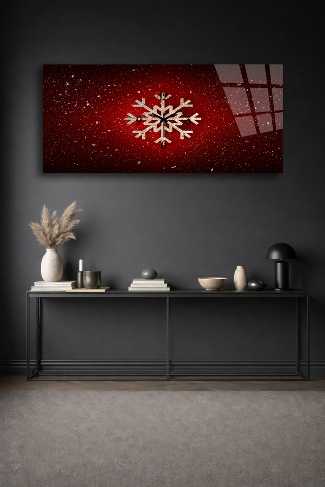 KIRILMAZ CAM DUVAR SAATİ , HEM TABLO HEM SAAT KIRMIZI KAR TANESİ KIŞ TEMASI EV OFİS HEDİYESİ