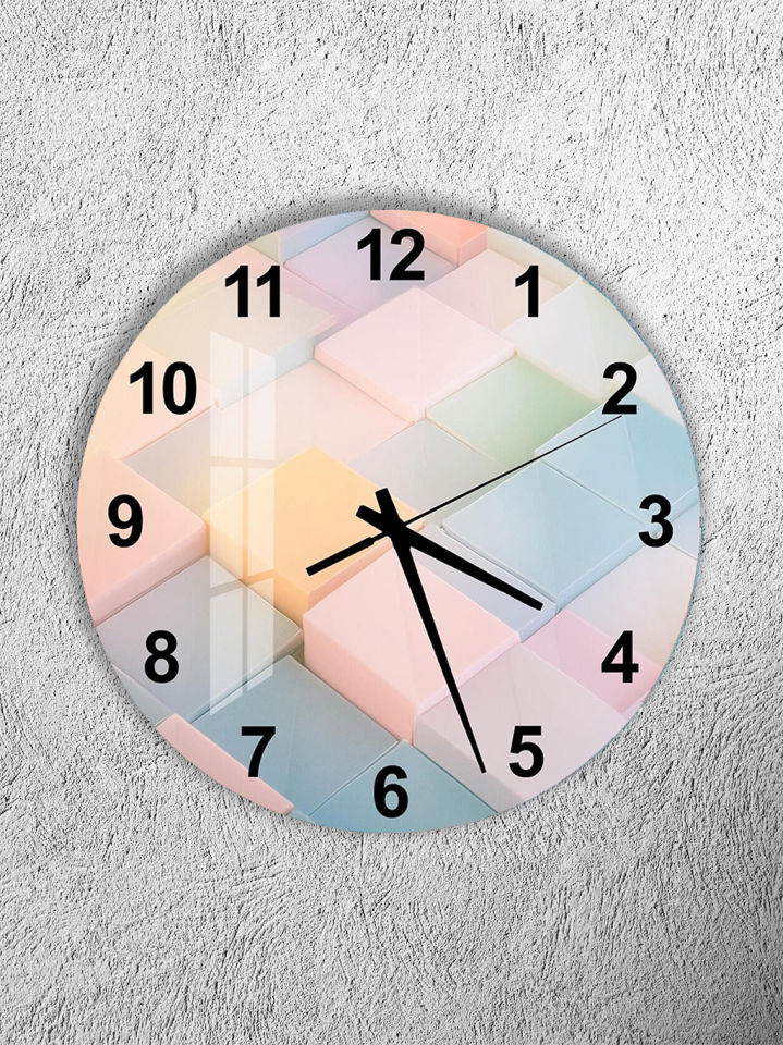 KIRILMAZ CAM DUVAR SAATİ, HEM TABLO HEM SAAT PASTEL 3D KÜP MODERN TASARIM EV OFİS HEDİYESİ