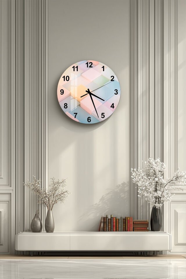 KIRILMAZ CAM DUVAR SAATİ, HEM TABLO HEM SAAT PASTEL 3D KÜP MODERN TASARIM EV OFİS HEDİYESİ