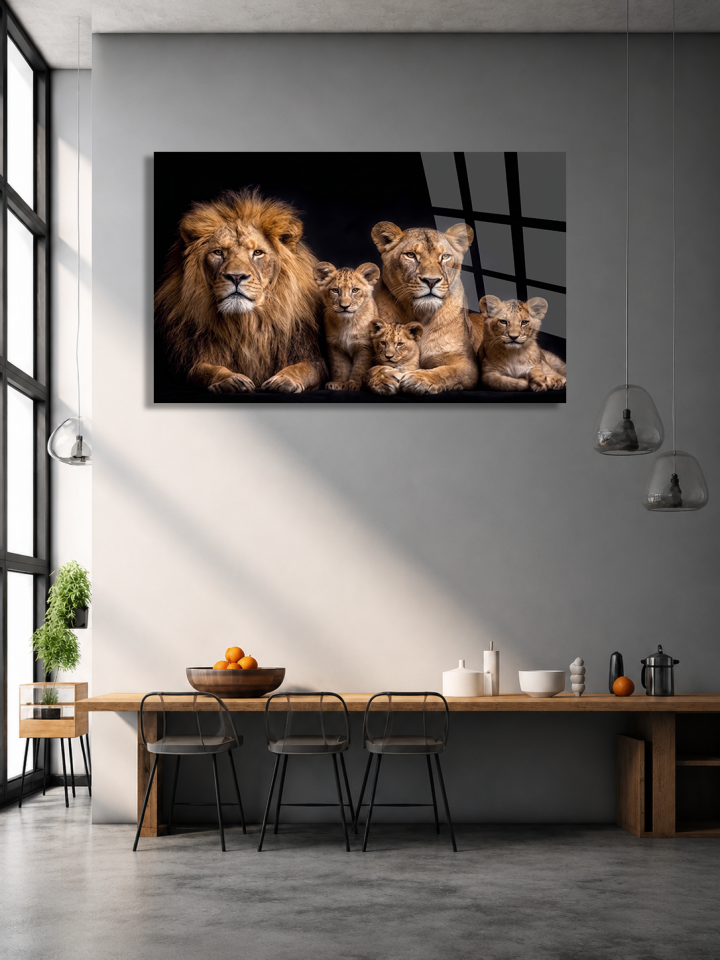 KIRILMAZ CAM TABLO, ASLAN AİLESİ TEMALI LÜKS VAHŞİ DOĞA TASARIMI EV OFİS HEDİYESİ