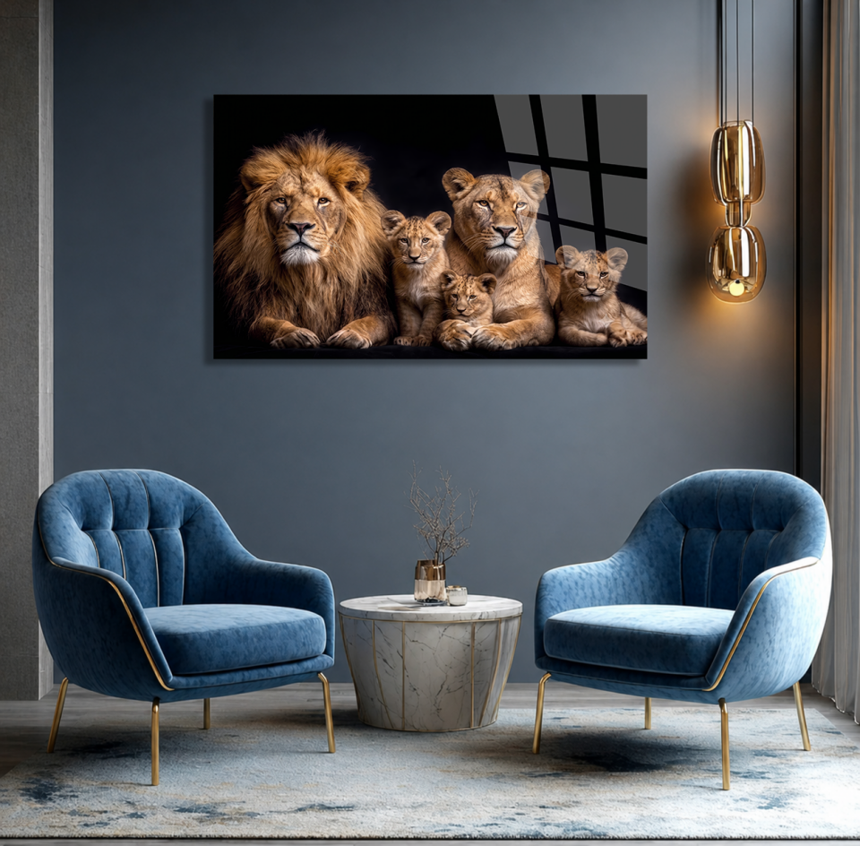 KIRILMAZ CAM TABLO, ASLAN AİLESİ TEMALI LÜKS VAHŞİ DOĞA TASARIMI EV OFİS HEDİYESİ