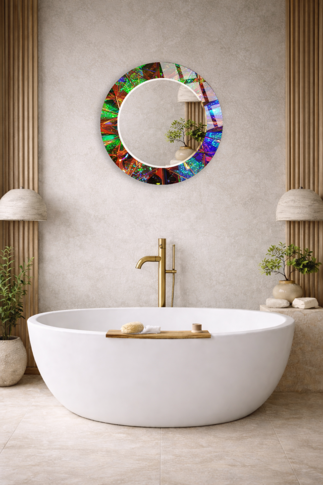 HEM TABLO HEM AYNA HOLOGRAFİK PRİZMATİK RENK GEÇİŞLİ CAM DUVAR AYNASI EV DEKORU