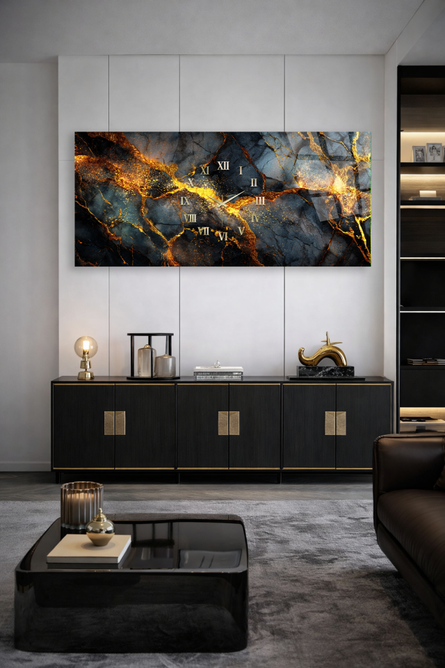 KIRILMAZ CAM DUVAR SAATİ , HEM TABLO HEM SAAT SİYAH ALTIN MERMER LÜKS TASARIM EV OFİS HEDİYESİ