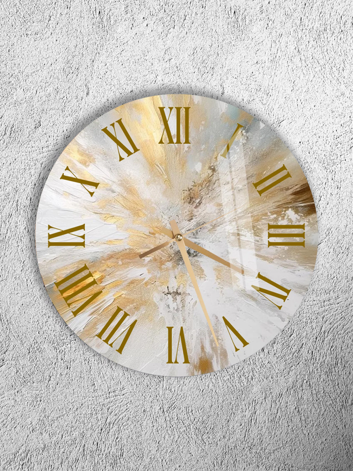 KIRILMAZ CAM DUVAR SAATİ, HEM TABLO HEM SAAT BEYAZ ALTIN SOYUT ROMA RAKAMLI LÜKS EV OFİS HEDİYESİ