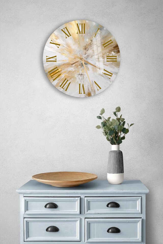 KIRILMAZ CAM DUVAR SAATİ, HEM TABLO HEM SAAT BEYAZ ALTIN SOYUT ROMA RAKAMLI LÜKS EV OFİS HEDİYESİ