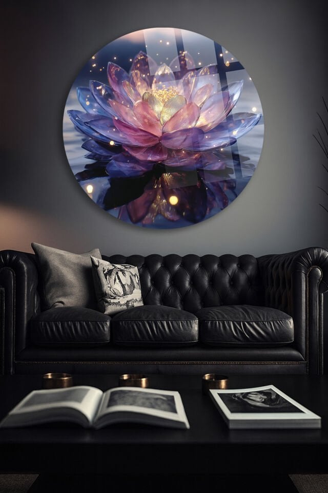 Lotus Çiçeği Yuvarlak Kırılmaz Cam Tablo Gold Işıltılı Modern Salon Duvar Dekoru Mor