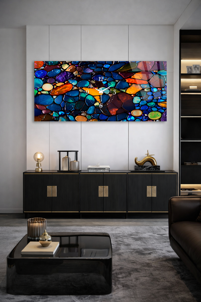 KIRILMAZ CAM DUVAR SAATİ , HEM TABLO HEM SAAT RENKLİ CAM TAŞ DOKU SANATSAL MODERN EV OFİS HEDİYESİ