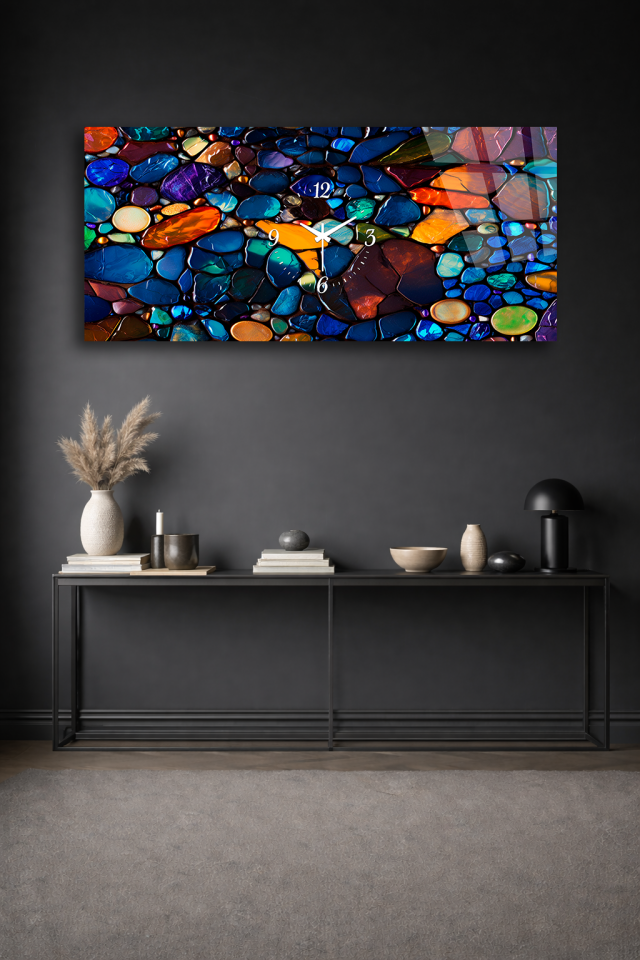 KIRILMAZ CAM DUVAR SAATİ , HEM TABLO HEM SAAT RENKLİ CAM TAŞ DOKU SANATSAL MODERN EV OFİS HEDİYESİ