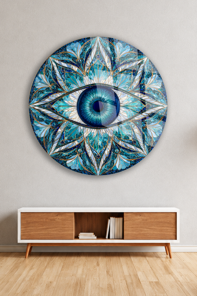 MAVİ NAZAR BONCUĞU MANDALA DESENLİ YUVARLAK CAM TABLO EV OFİS HEDİYESİ