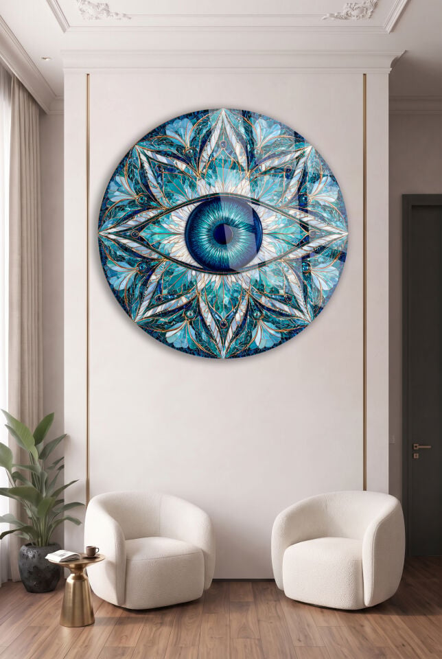 MAVİ NAZAR BONCUĞU MANDALA DESENLİ YUVARLAK CAM TABLO EV OFİS HEDİYESİ