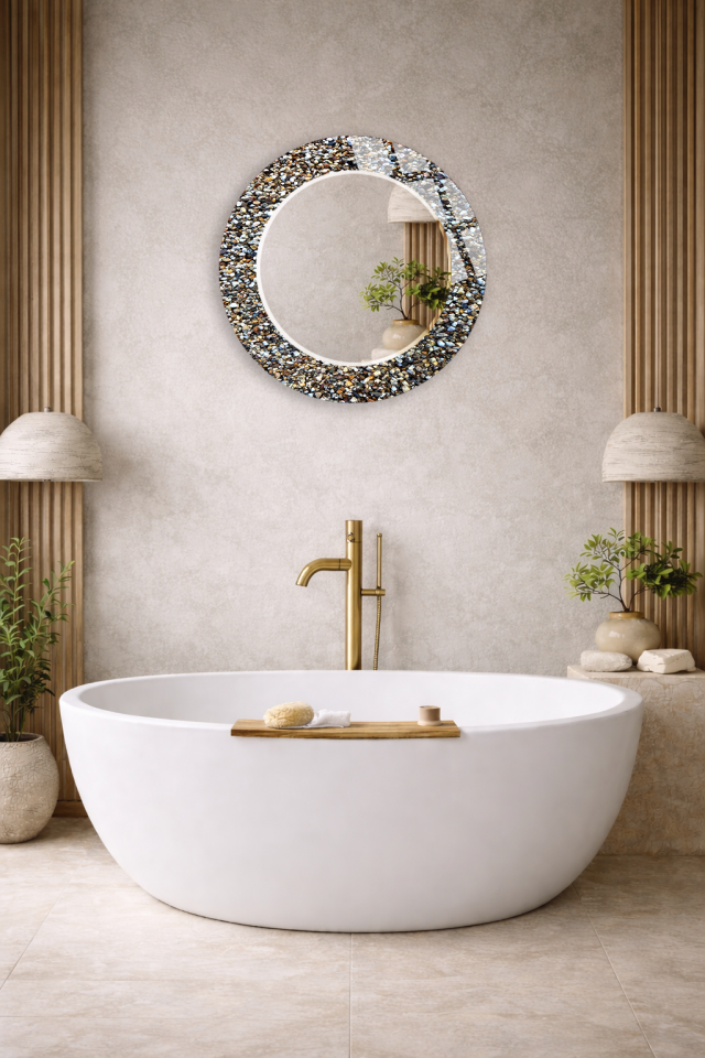 HEM TABLO HEM AYNA DOĞAL TAŞ ÇAKIL MOZAIK DESEN CAM DUVAR AYNASI EV DEKORU