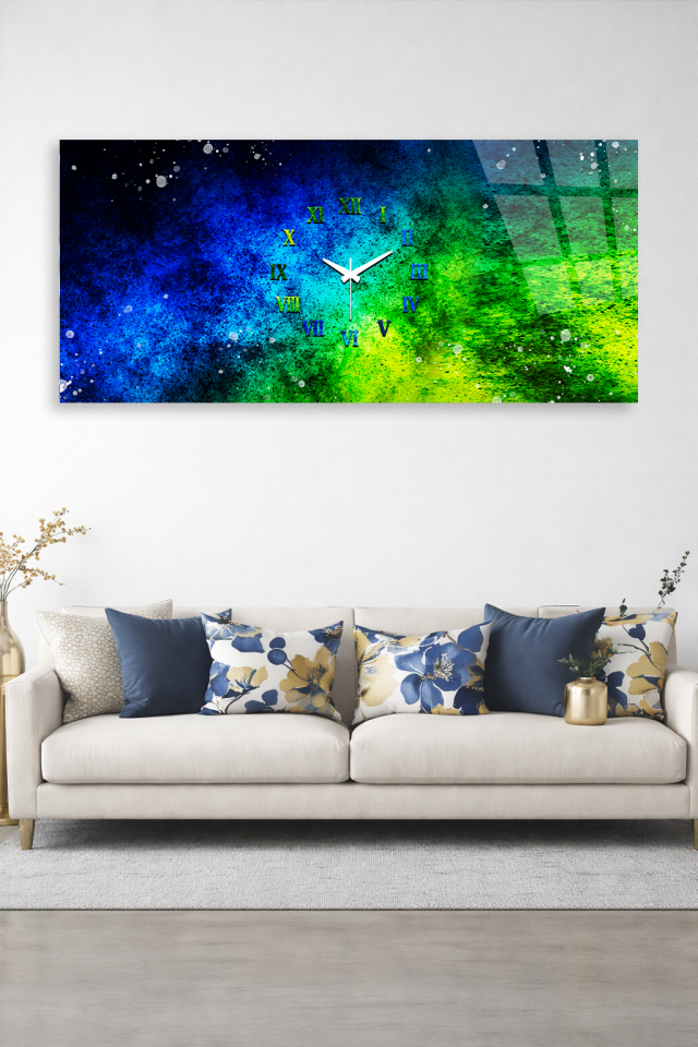 KIRILMAZ CAM DUVAR SAATİ , HEM TABLO HEM SAAT MAVİ YEŞİL SOYUT RENK GEÇİŞİ EV OFİS HEDİYESİ