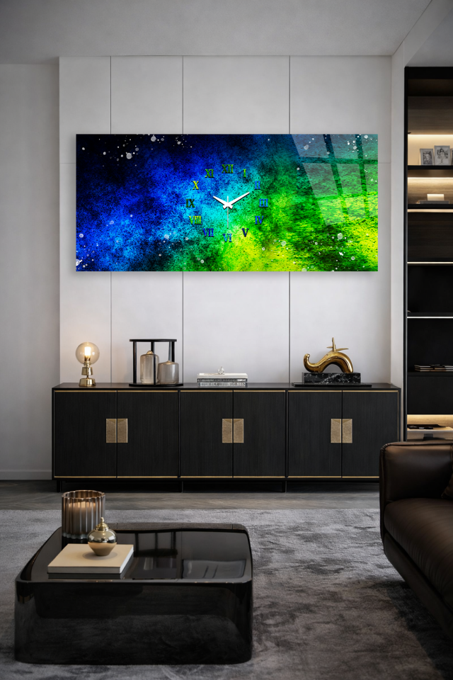 KIRILMAZ CAM DUVAR SAATİ , HEM TABLO HEM SAAT MAVİ YEŞİL SOYUT RENK GEÇİŞİ EV OFİS HEDİYESİ