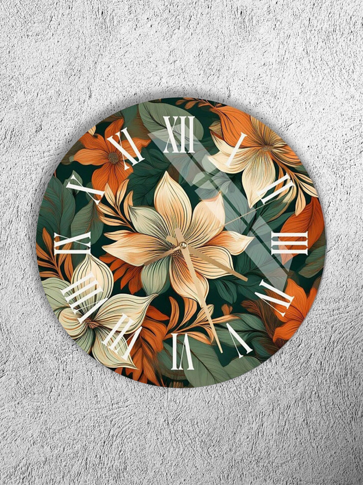 KIRILMAZ CAM DUVAR SAATİ, HEM TABLO HEM SAAT YEŞİL ZEMİN BOTANİK ÇİÇEK DESEN EV OFİS HEDİYESİ