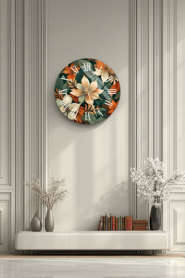 KIRILMAZ CAM DUVAR SAATİ, HEM TABLO HEM SAAT YEŞİL ZEMİN BOTANİK ÇİÇEK DESEN EV OFİS HEDİYESİ