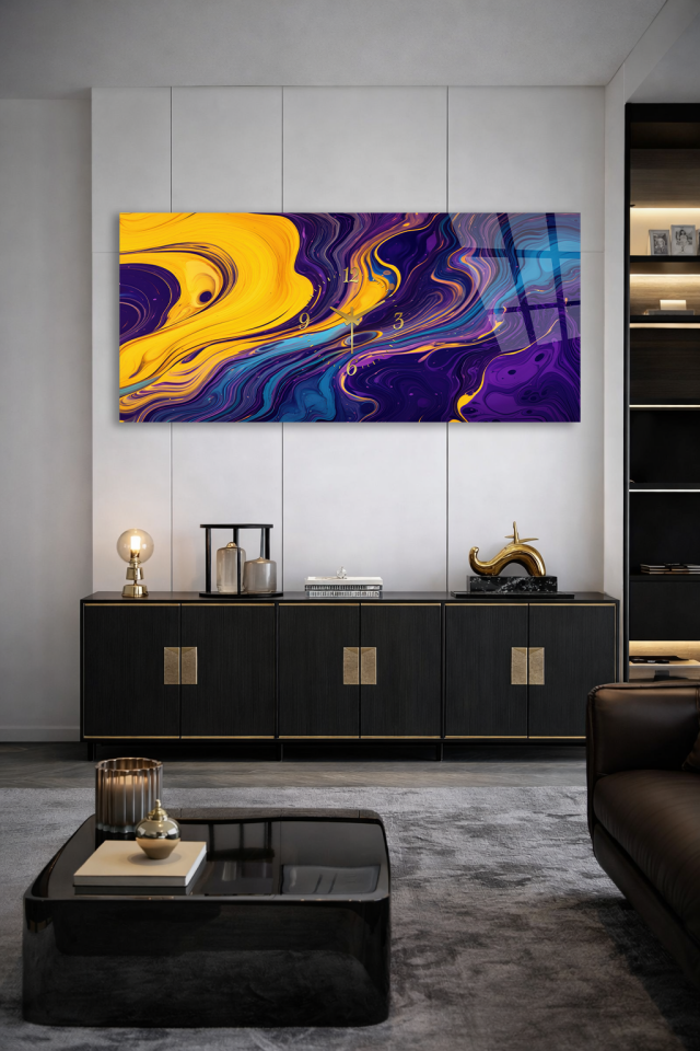 KIRILMAZ CAM DUVAR SAATİ , HEM TABLO HEM SAAT SARI MOR AKIŞKAN SOYUT SANAT EV OFİS HEDİYESİ