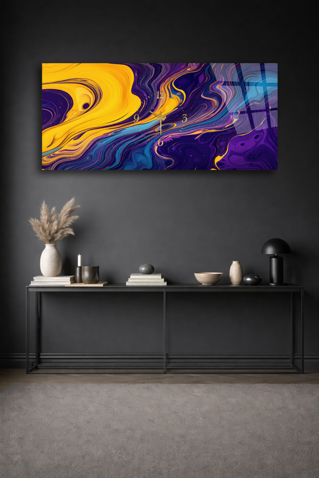 KIRILMAZ CAM DUVAR SAATİ , HEM TABLO HEM SAAT SARI MOR AKIŞKAN SOYUT SANAT EV OFİS HEDİYESİ