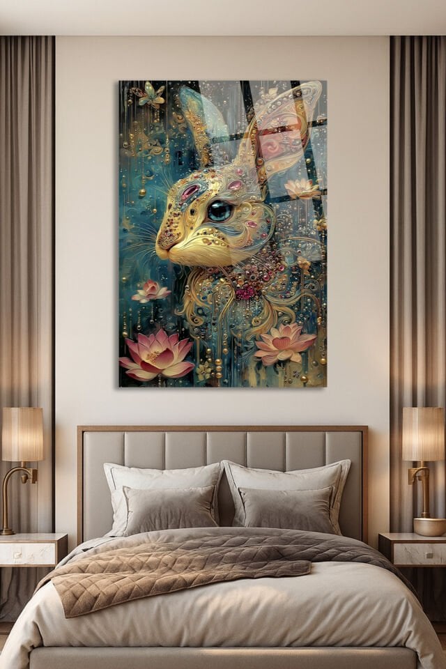 Mücevher İşlemeli Lotus Çiçekli Tavşan Sanat Tasarımı Kırılmaz Lüks Cam Tablo Turkuaz