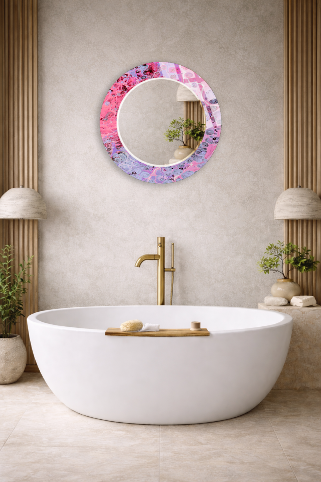 HEM TABLO HEM AYNA PEMBE MOR AKIŞKAN MERMER DESEN CAM DUVAR AYNASI EV DEKORU