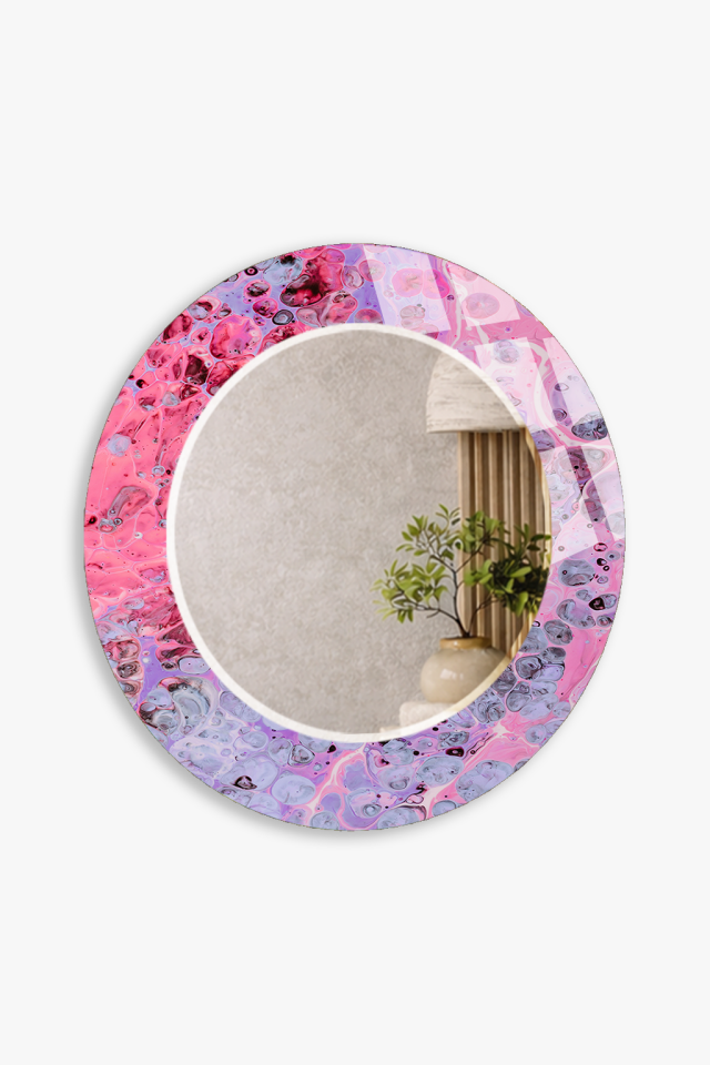 HEM TABLO HEM AYNA PEMBE MOR AKIŞKAN MERMER DESEN CAM DUVAR AYNASI EV DEKORU