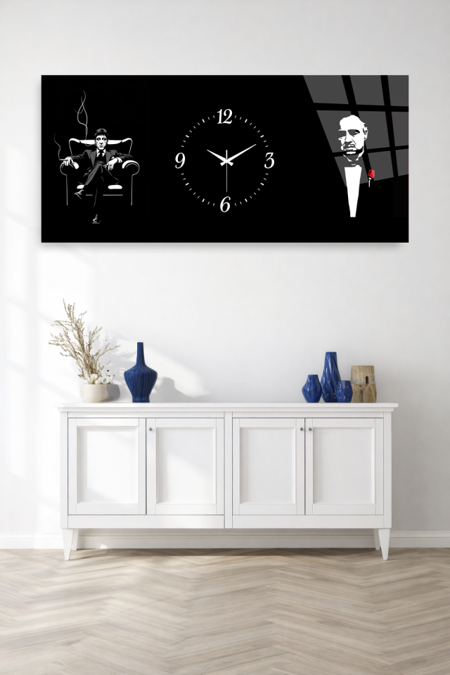 KIRILMAZ CAM DUVAR SAATİ , HEM TABLO HEM SAAT SİYAH BABA TEMALI KARAKTER TASARIMI EV OFİS HEDİYESİ