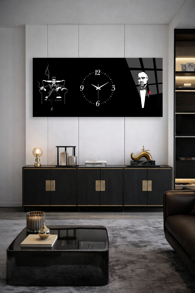 KIRILMAZ CAM DUVAR SAATİ , HEM TABLO HEM SAAT SİYAH BABA TEMALI KARAKTER TASARIMI EV OFİS HEDİYESİ