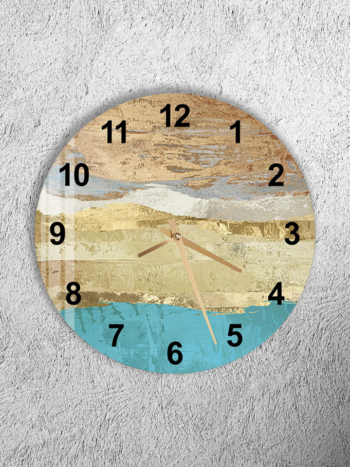 KIRILMAZ CAM DUVAR SAATİ, HEM TABLO HEM SAAT BEJ MAVİ KATMANLI SOYUT SAYILI TASARIM EV OFİS HEDİYESİ