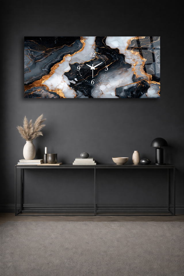 KIRILMAZ CAM DUVAR SAATİ , HEM TABLO HEM SAAT SİYAH BEYAZ ALTIN MERMER PREMİUM EV OFİS HEDİYESİ