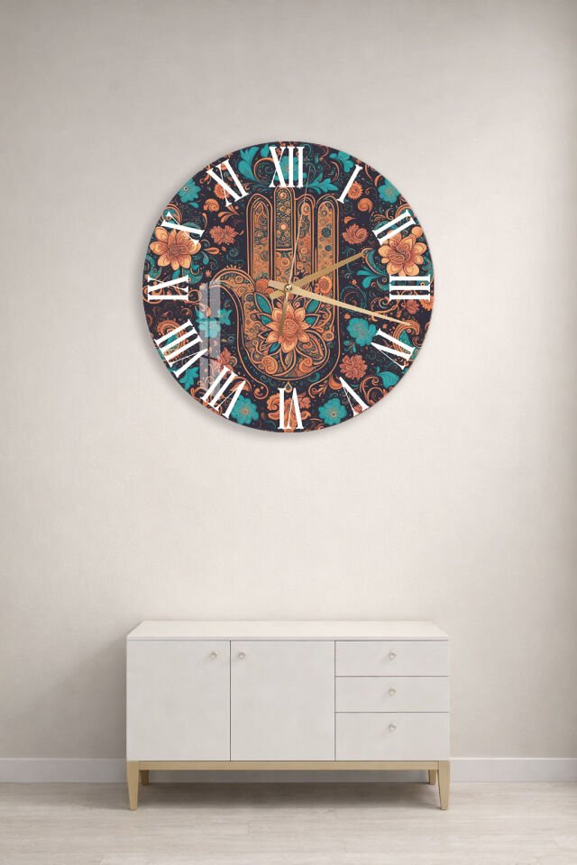 KIRILMAZ CAM DUVAR SAATİ, HEM TABLO HEM SAAT HAMSA ELİ BOHO ETNİK TASARIM EV OFİS HEDİYESİ