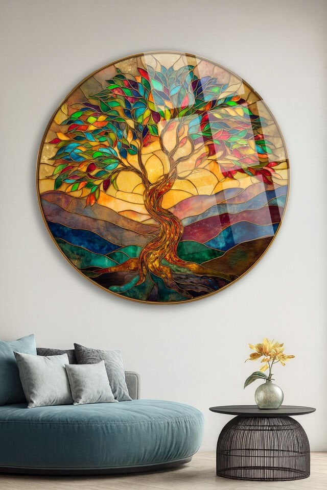 RENKLİ YAŞAM AĞACI VİTRAY DESEN GÜNEŞ IŞIKLI KIRILMAZ LÜKS CAM TABLO Turkuaz