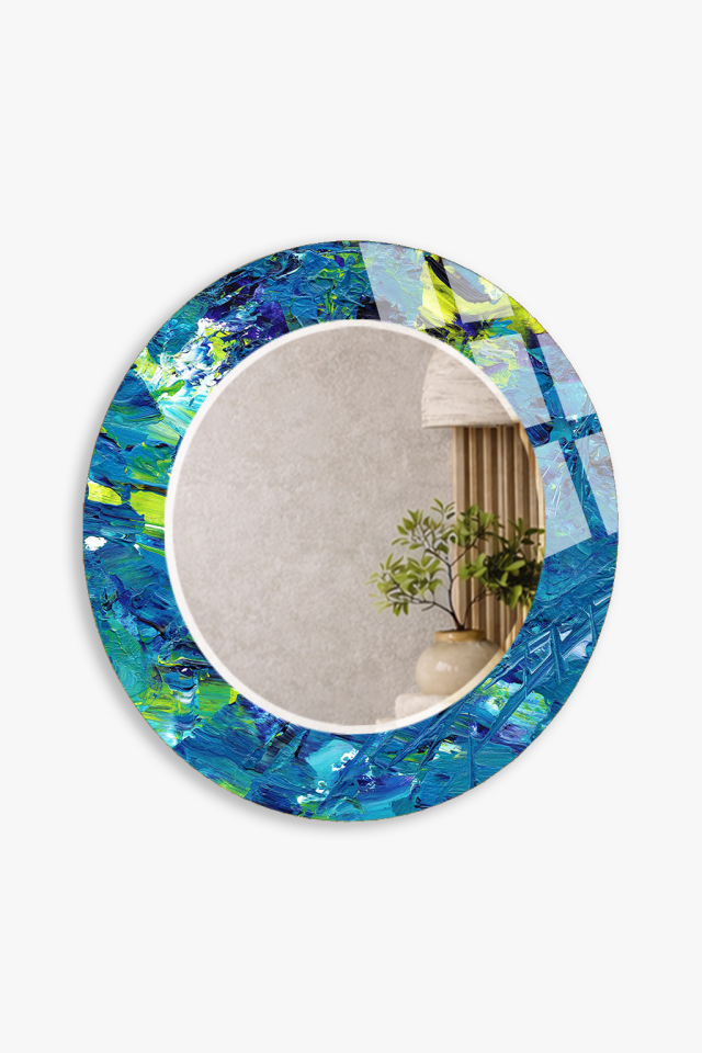 HEM TABLO HEM AYNA MAVİ YEŞİL FIRÇA DARBELİ YAĞLI BOYA DESEN CAM DUVAR AYNASI EV DEKORU