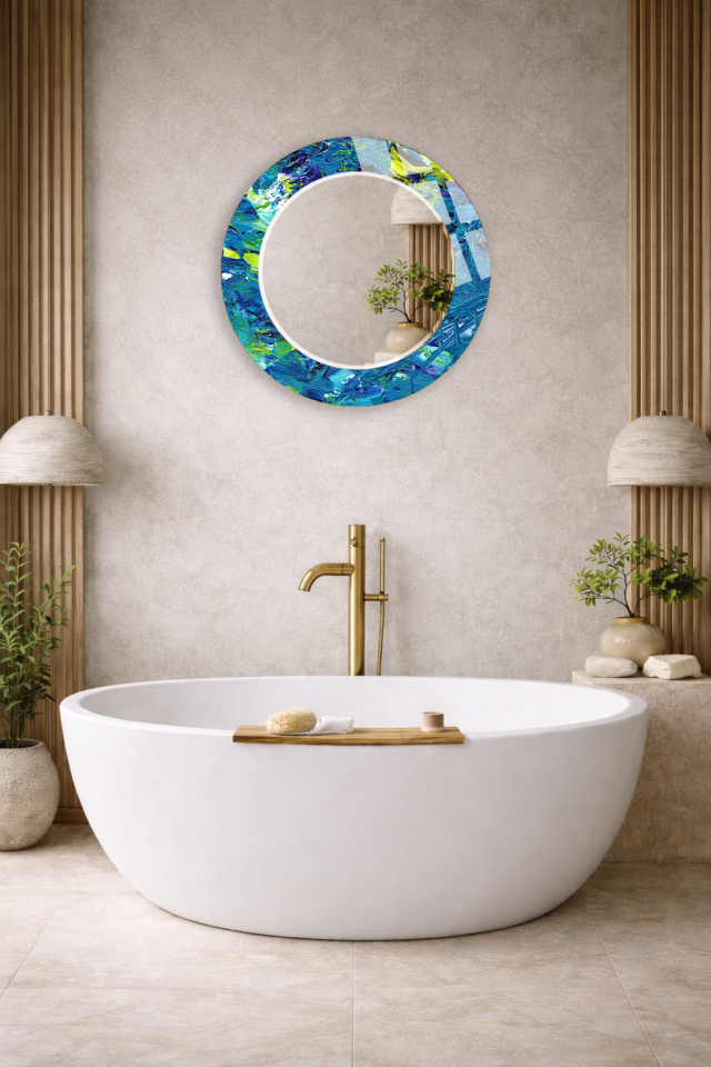 HEM TABLO HEM AYNA MAVİ YEŞİL FIRÇA DARBELİ YAĞLI BOYA DESEN CAM DUVAR AYNASI EV DEKORU