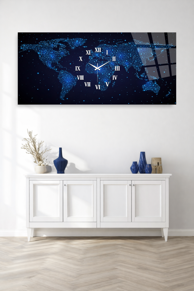 KIRILMAZ CAM DUVAR SAATİ , HEM TABLO HEM SAAT DÜNYA HARİTASI IŞIKLI MODERN TASARIM EV OFİS HEDİYESİ