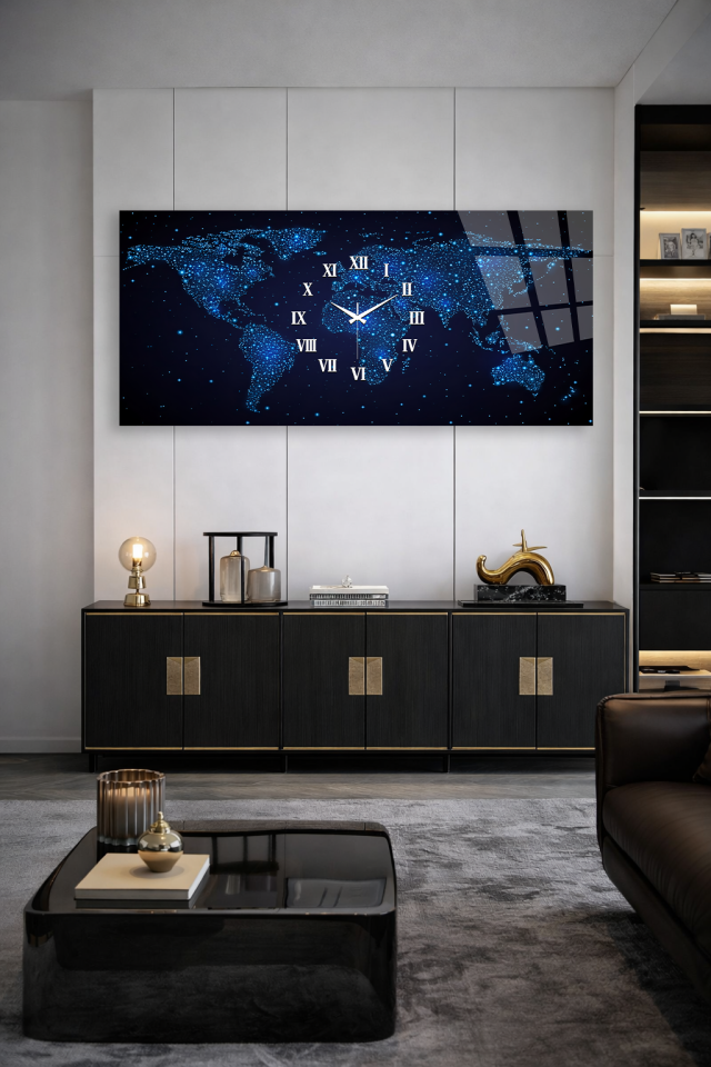 KIRILMAZ CAM DUVAR SAATİ , HEM TABLO HEM SAAT DÜNYA HARİTASI IŞIKLI MODERN TASARIM EV OFİS HEDİYESİ