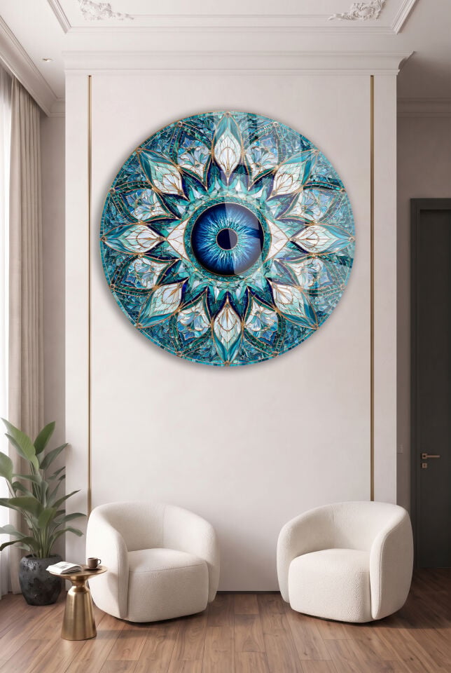 TURKUAZ NAZAR BONCUĞU MANDALA DESENLİ YUVARLAK CAM TABLO EV OFİS HEDİYESİ