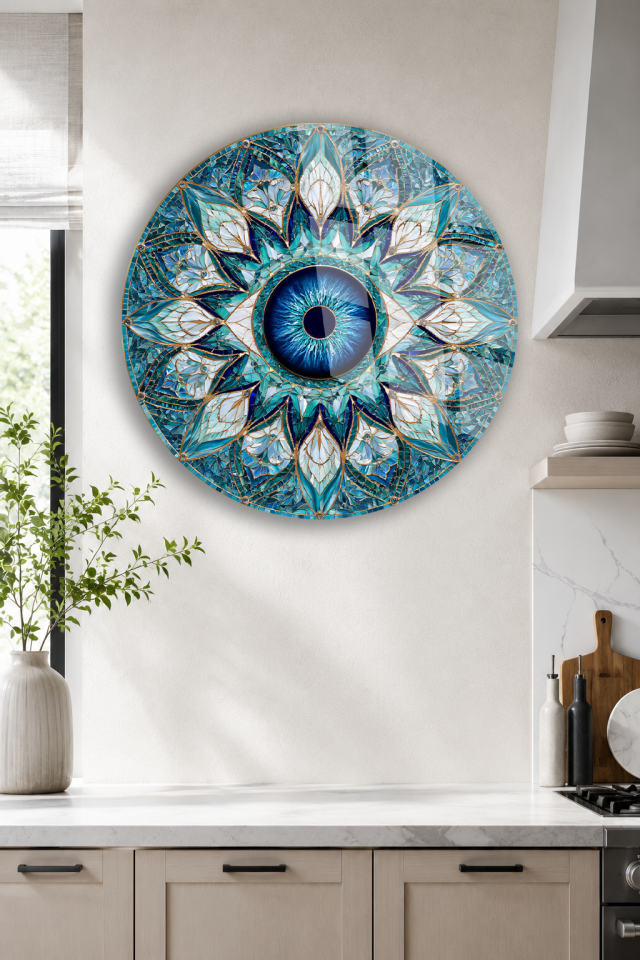 TURKUAZ NAZAR BONCUĞU MANDALA DESENLİ YUVARLAK CAM TABLO EV OFİS HEDİYESİ