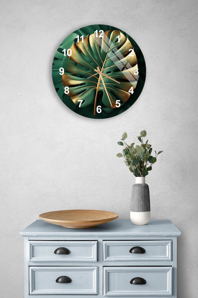 KIRILMAZ CAM DUVAR SAATİ, HEM TABLO HEM SAAT YEŞİL MONSTERA YAPRAK DESEN EV OFİS HEDİYESİ